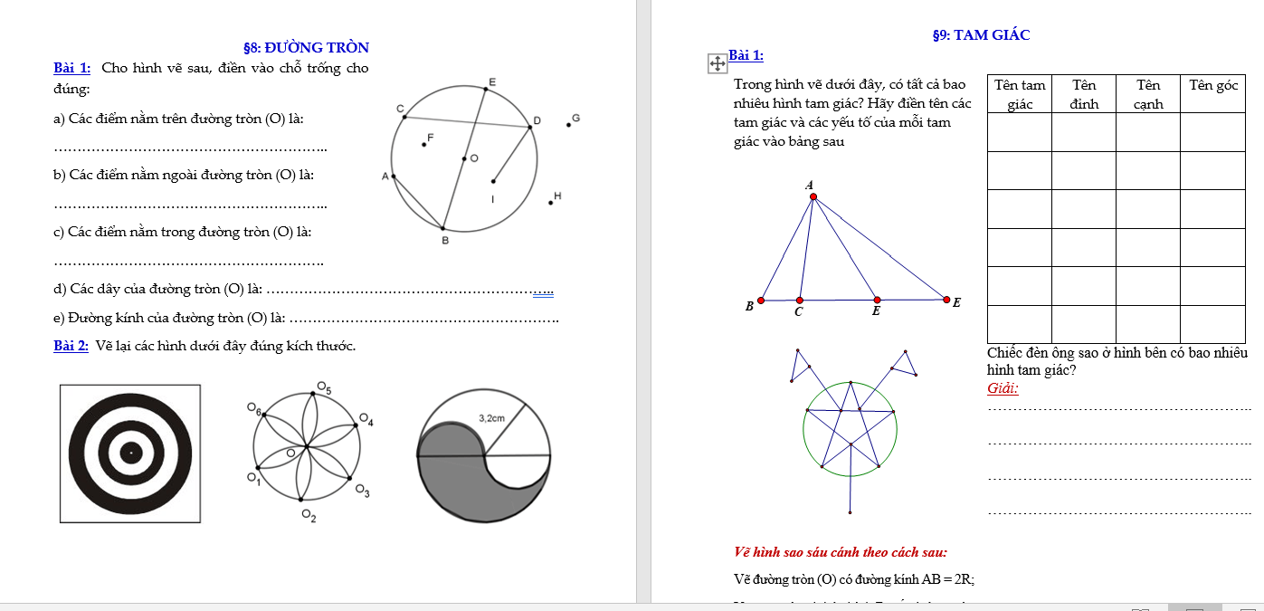 Phiếu bài tập đường tròn và tam giác lớp 6